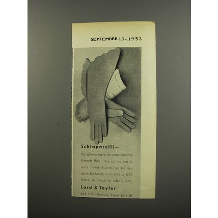 1953 Lord & Taylor Schiaparelli Gloves Advertisement