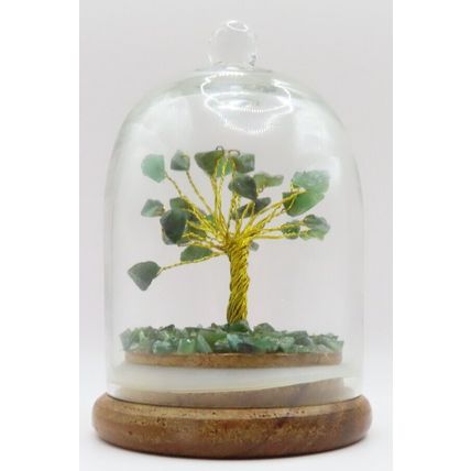 Green Aventurine Gem Tree Ornament Under a Glass Dome Wooden Base 11 CM Gift