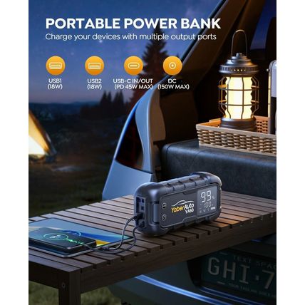 YABER 6000A Jump Starter 150W Car Battery Charger 600LM Flashlight 45w PowerBank