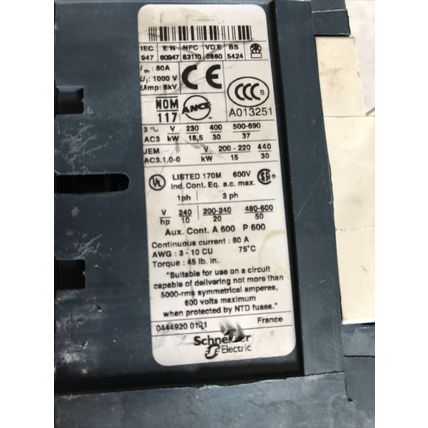 TELEMECANIQUE LP1 D65004 CONTACTOR 65AMP 4POLE 575VAC IEC,48V COIL,BC