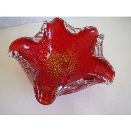 Vintage Barovier & Tosco Zebrati Ruby Red Bullicante Glass Bowl Gold Fleck Italy