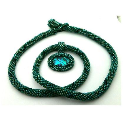 Green Bead Crochet Rope Choker Paua Shell Pendant 5