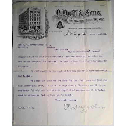 1902 P. Duff & Sons, Inc., Pittsburg, PA - letter promoting candy puller machine