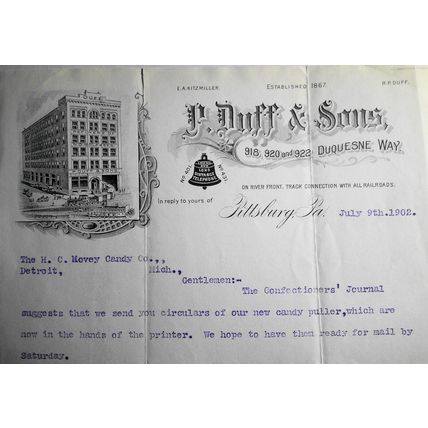 1902 P. Duff & Sons, Inc., Pittsburg, PA - letter promoting candy puller machine