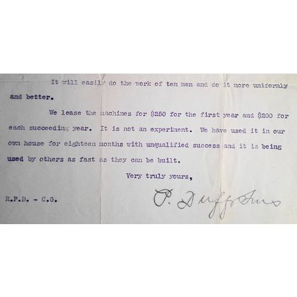 1902 P. Duff & Sons, Inc., Pittsburg, PA - letter promoting candy puller machine