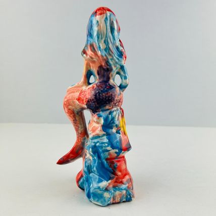 American Folk Art Mermaid Hand Painted Tye Tie-Dye Ceramic Statue Unique
