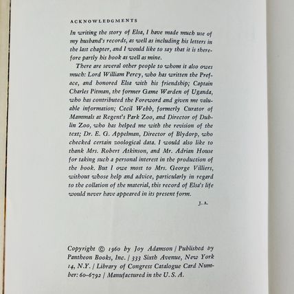 Joy Adamson - Born Free 1960 Hardcover Book