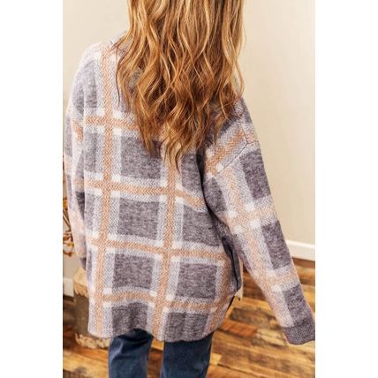 Sky Blue Fuzzy Plaid Collared Button Up Cardigan