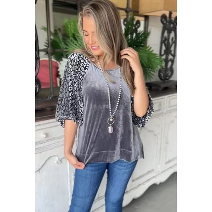 Medium Grey Leopard Splicing Lantern Sleeve Velvet Blouse