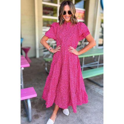 Rose Red Flower Mock Neck Puff Sleeve Tiered Maxi Dress