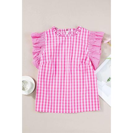 Rose Red Checkered Ruffled Sleeve Frilled Neck Blouse
