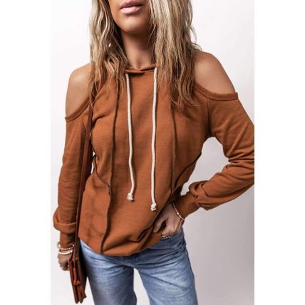 Cinnamon Exposed Seam Cold Shoulder Drawstring Hoodie