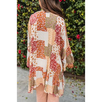 White Boho Patchwork Floral Open Front Kimono