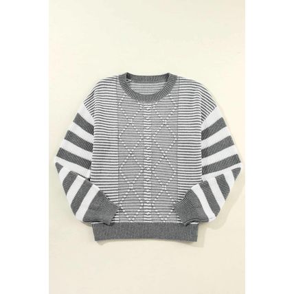 Gray Stripe Geometric Textured Drop Shoulder Sweater