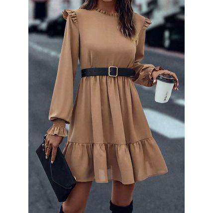 Light French Beige Frilled Collar Ruffled Shoulder Tiered Dress