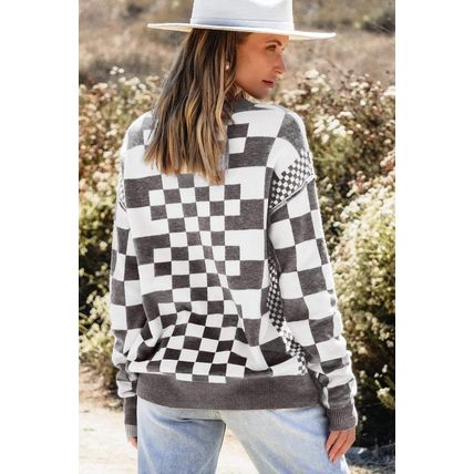Gray Checkered Print Drop Shoulder Round Neck Sweater
