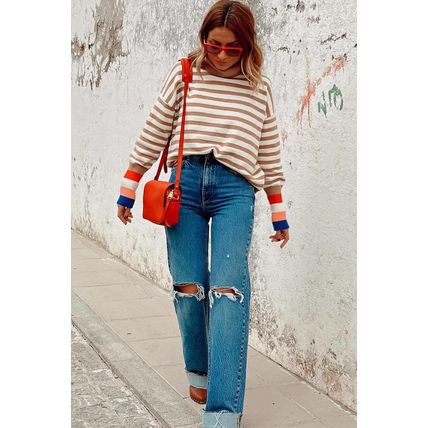 Brown Stripe Colorblock Bishop Sleeve Turtleneck Sweater