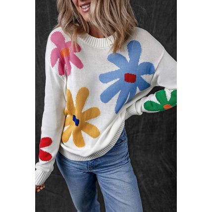 White Colorful Big Flower Pattern Crewneck Sweater