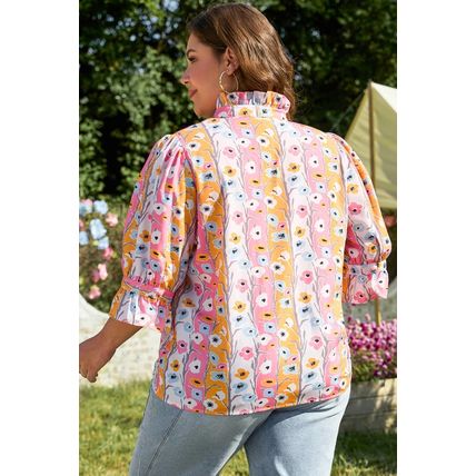 Pink Floral Ruffled Collar Bracelet Sleeve Plus Size Blouse Top