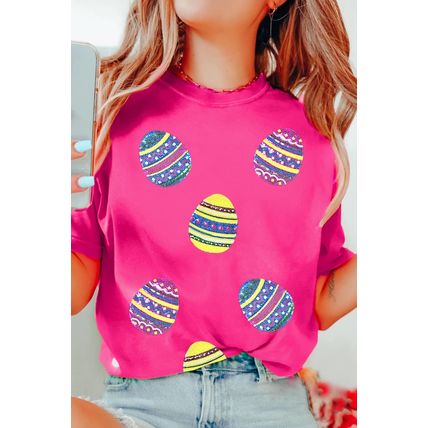 Rose Red Sequin Easter Egg Graphic Casual T Shirt