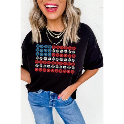 Black Cute Flowers Make Up American Flag Trendy Graphic T Shirt
