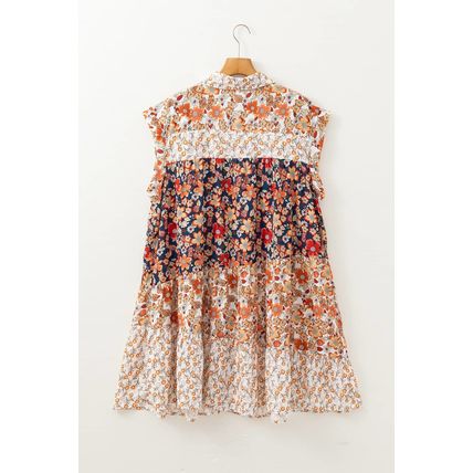 Beige Plus Size Floral Patchwork Button Front Collared Mini Dress