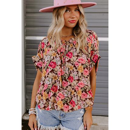 Pink Floral Print Crew Neck Short Sleeve Shift Blouse
