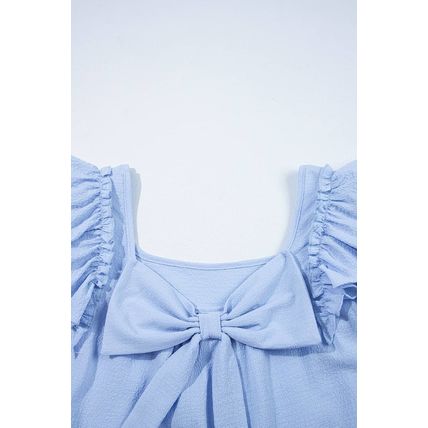 Beau Blue Textured Bow Knot Frilled Butterfly Sleeve Blouse