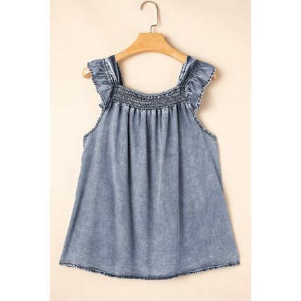 Ashleigh Blue Ruffled Shirred Neckline Sleeveless Denim Tank Top
