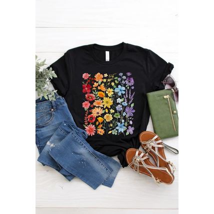 Black Beautiful Flower Print Cotton Blend Casual Tee