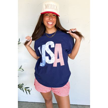 Blue USA Graphic July 4th Crew Neck T Shirt