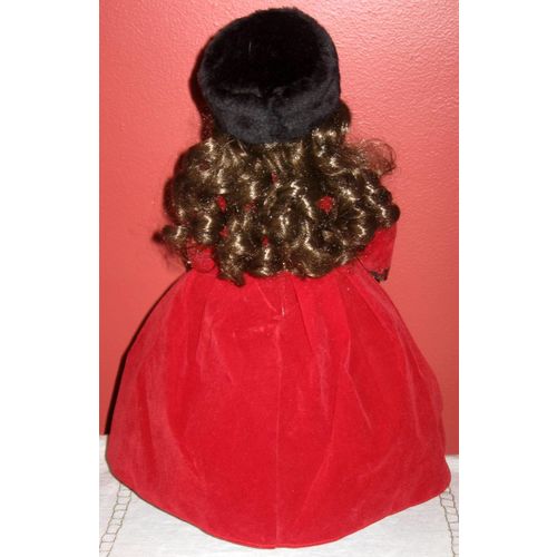 Winter Dressed Brunette Porcelain Doll in Red with Black Fur Accents