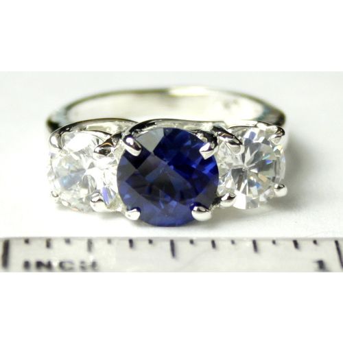 Created Blue Sapphire & 1 ct CZs, 925 Sterling Silver Ring, SR255