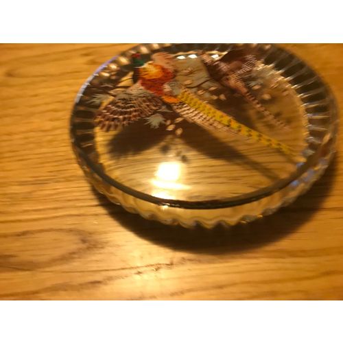 Ball Brand Glass Paper Weight with Pheasants, Fluted Edge