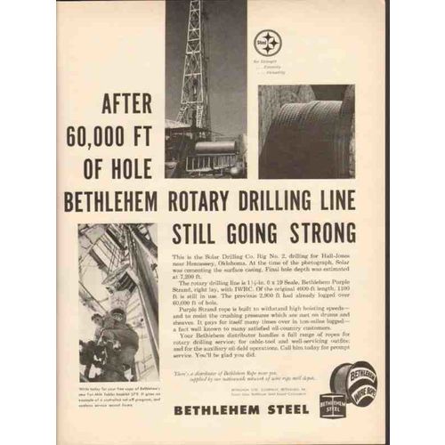 BETHLEHEM STEEL COMPANY 1962 Rotary drilling line strong vintage ad