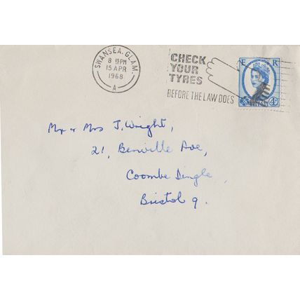 GB 1968 cover Swansea to Bristol with 4d blue & Check your Tyres slogan