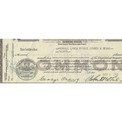 Lehigh Coal & Navigation Company 30 Shares 1954 Stock/Share Certificate Merrill