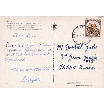 Gaeta Lungomare Caboto Italy Postcard posted 1982 VGC