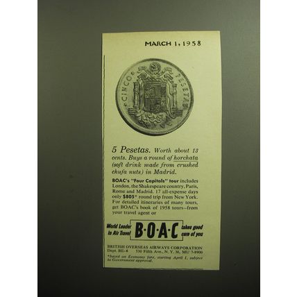 1958 BOAC Airways Ad - 5 Pesetas. Worth about 13 cents