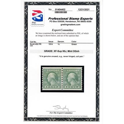452, Mint XF/Sup NH 1¢ Coil Pair - With PSE Graded 95J JUMBO Cert - Stuart Katz