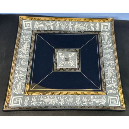 Flat Serving Tray Dish Mid Century Cera Glass Etruscan Frieze 22k Gold 11-3/4”