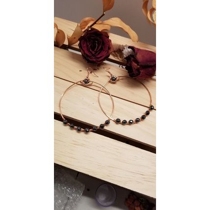 Handmade Hematite Copper Hoop Wire Wrapped Earrings
