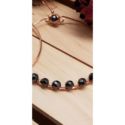 Handmade Hematite Copper Hoop Wire Wrapped Earrings