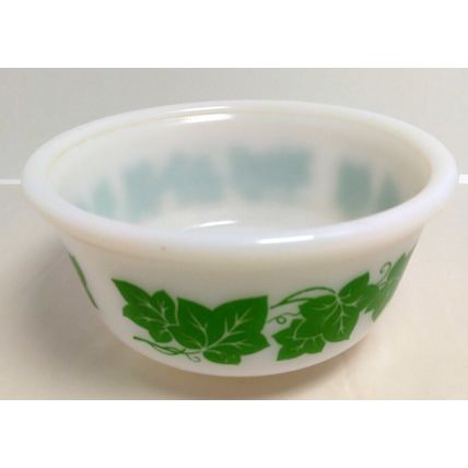 Hazel Atlas Ivy Round Glass Bowl - White w/ Green Leaves - Farmhouse/Decor