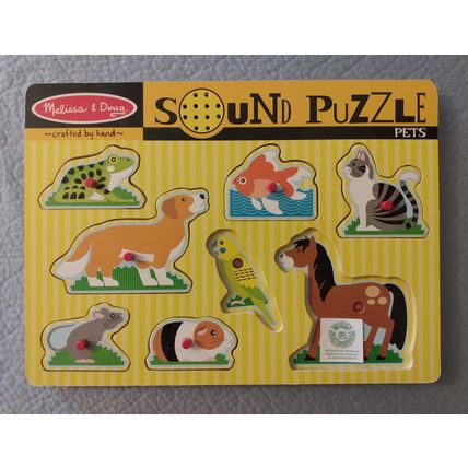 MELISSA & DOUG HANDCRAFTED PETS SOUND PUZZLE SHAPED PEG PIECES CAT DOG HORSE +