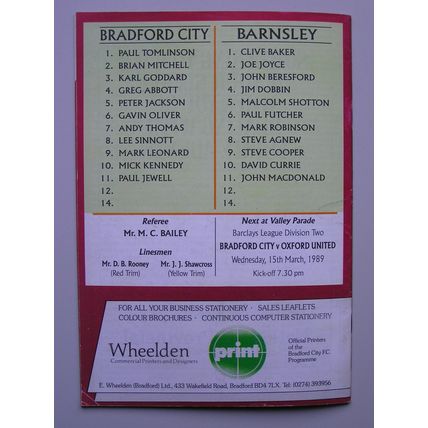 BRADFORD CITY v BARNSLEY Div2 04/03/1989