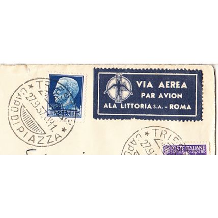 AIR MAIL etiquette dark blue on Trieste, Italy 1937 cover - Ala Littoria s.a.