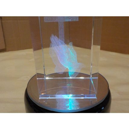 3D Laser Engraved Colour Changing Praying Hands & Cross on a LED Stand