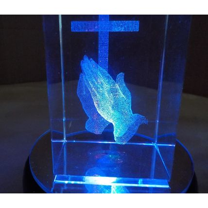 3D Laser Engraved Colour Changing Praying Hands & Cross on a LED Stand