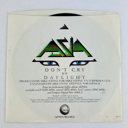 Asia - Don't Cry / Daylight 45RPM Single Record 7" Vinyl 45 RPM